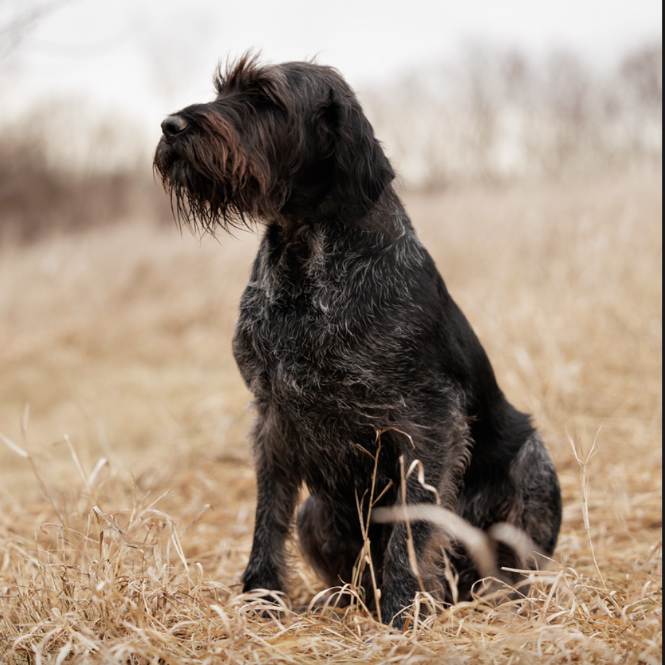 A wire-haired black and gray dog sitting outdoors on dry grass with a blurred background.
