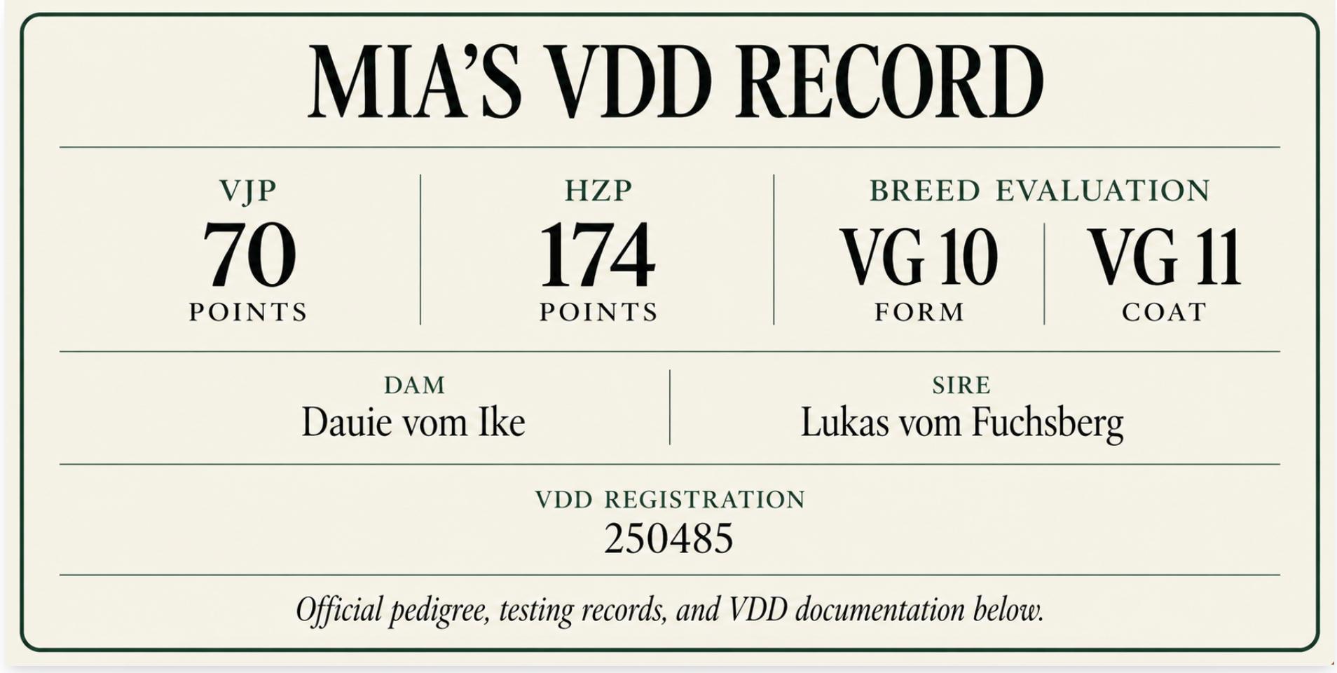 Mia vom Ike VDD record summary with testing scores, breed evaluation, pedigree, and registration information