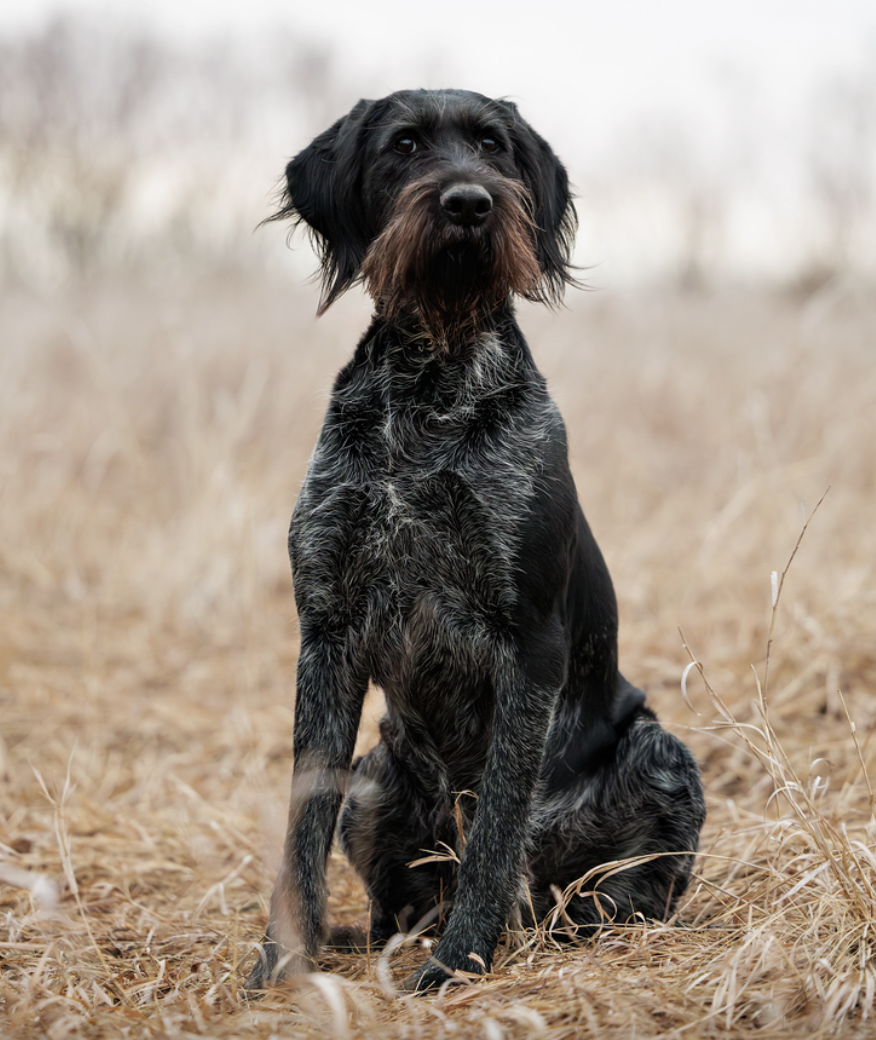 A black and brown Wirehaired Pointing Griffon dog sitting in a field of dry grass.