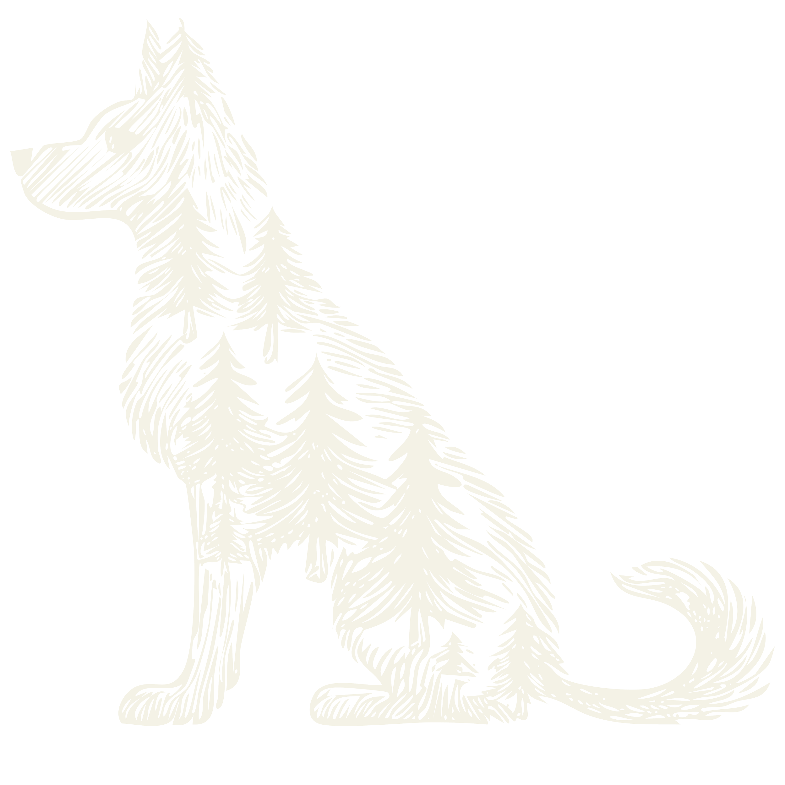 Illustration of a sitting wolf, with the body and fur made up of pine trees, in black and white.