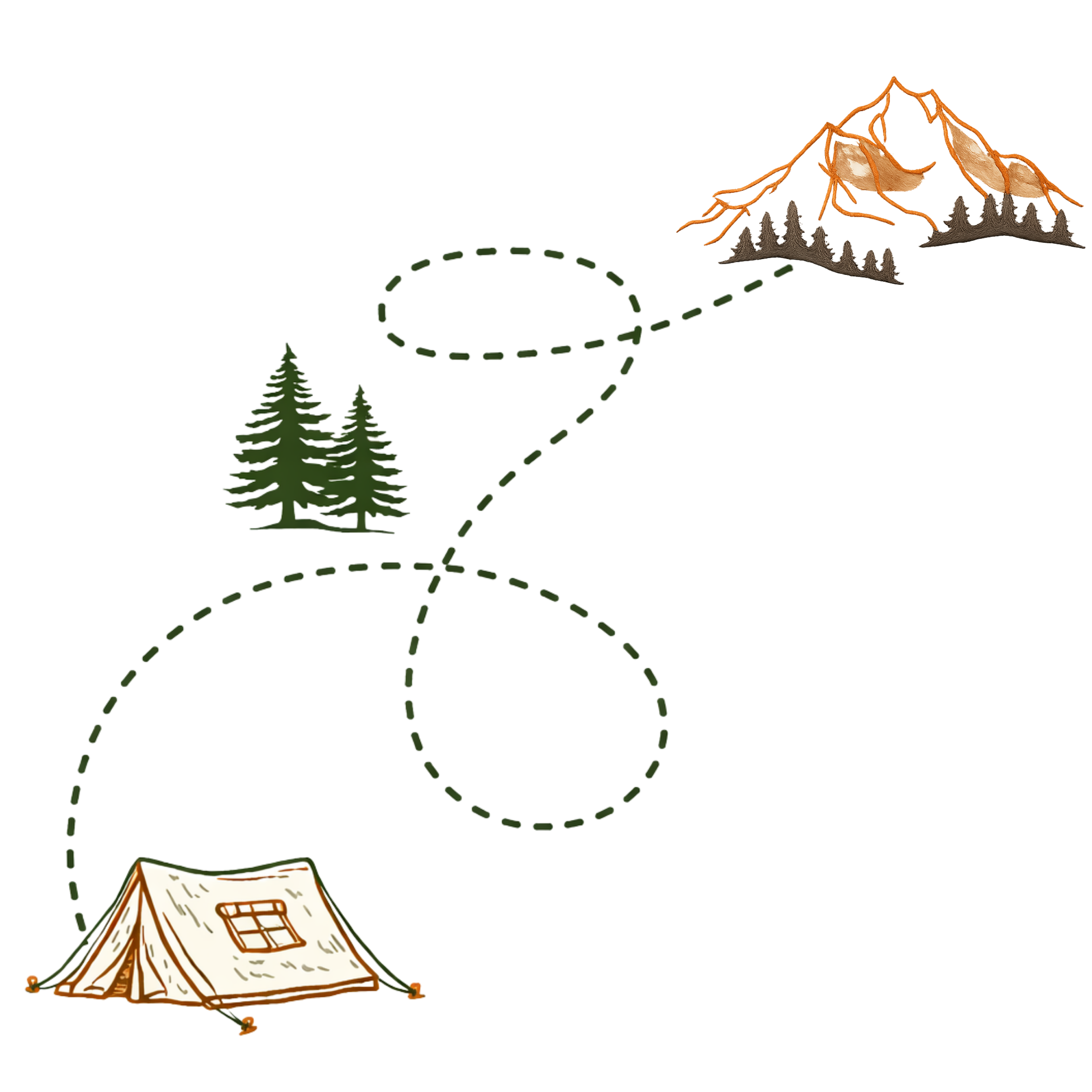 Illustration of a camping scene with a canvas tent, a green grassy area, tall pine trees, a log cabin with a red roof, and a mountain in the background.