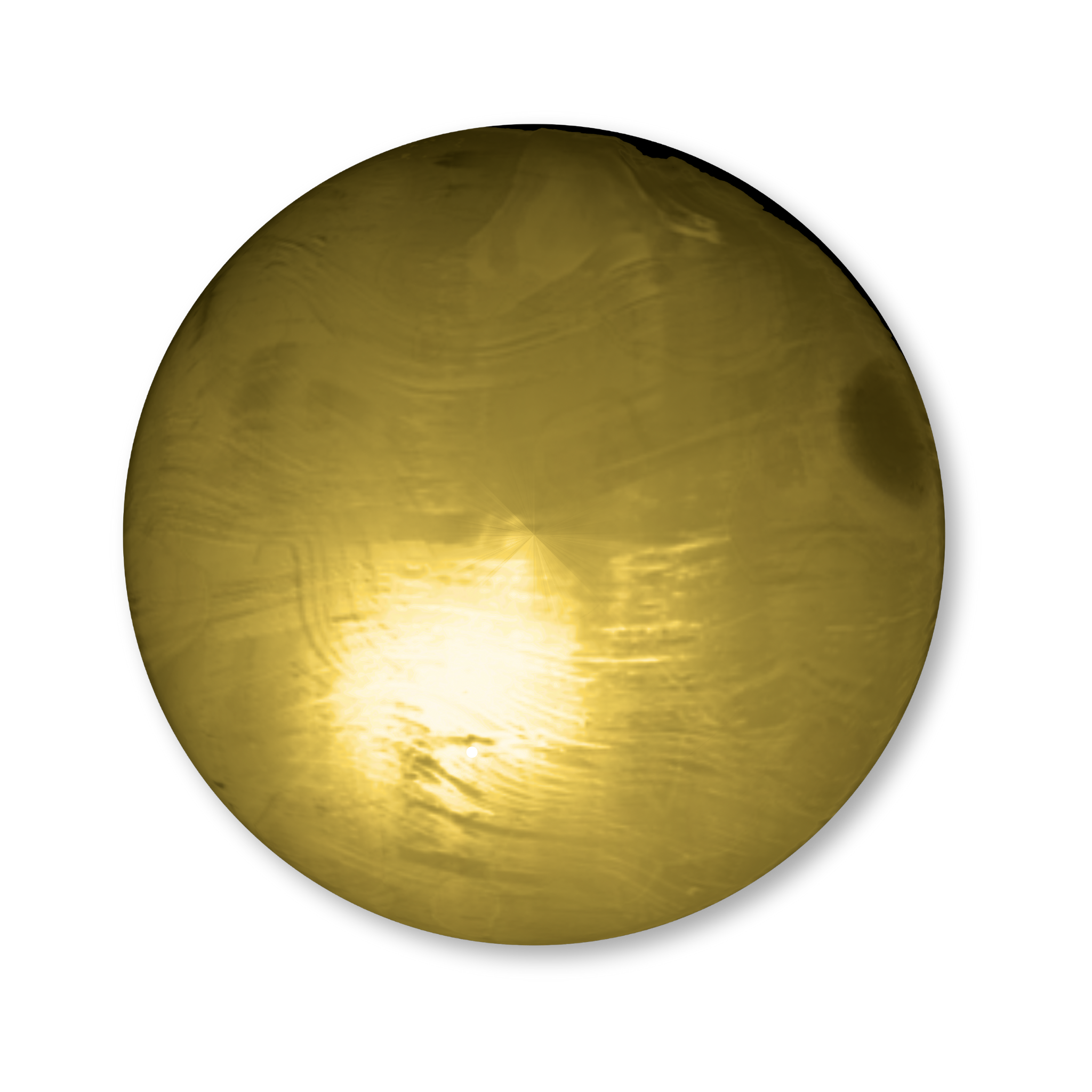 A yellowish sphere with cloud patterns reflecting sunlight, resembling a planet against a black background.