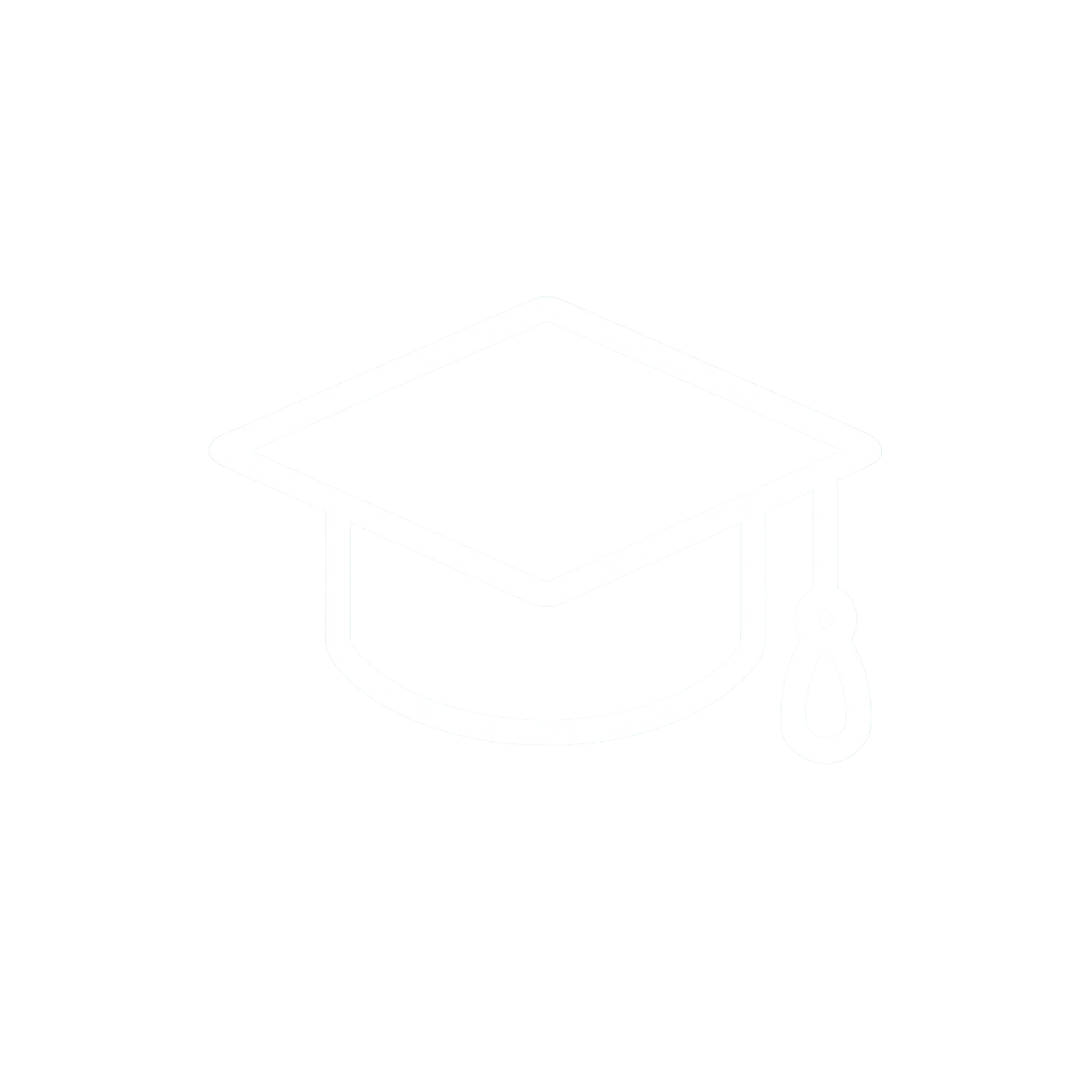 White graduation cap icon on black background.