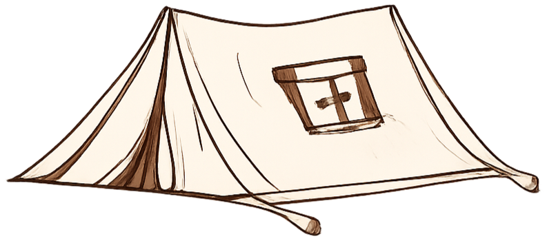 Drawing of a beige canvas tent with a small rectangular window and brown support ropes, set on an outdoor ground illustration by studio mila graphic and website design