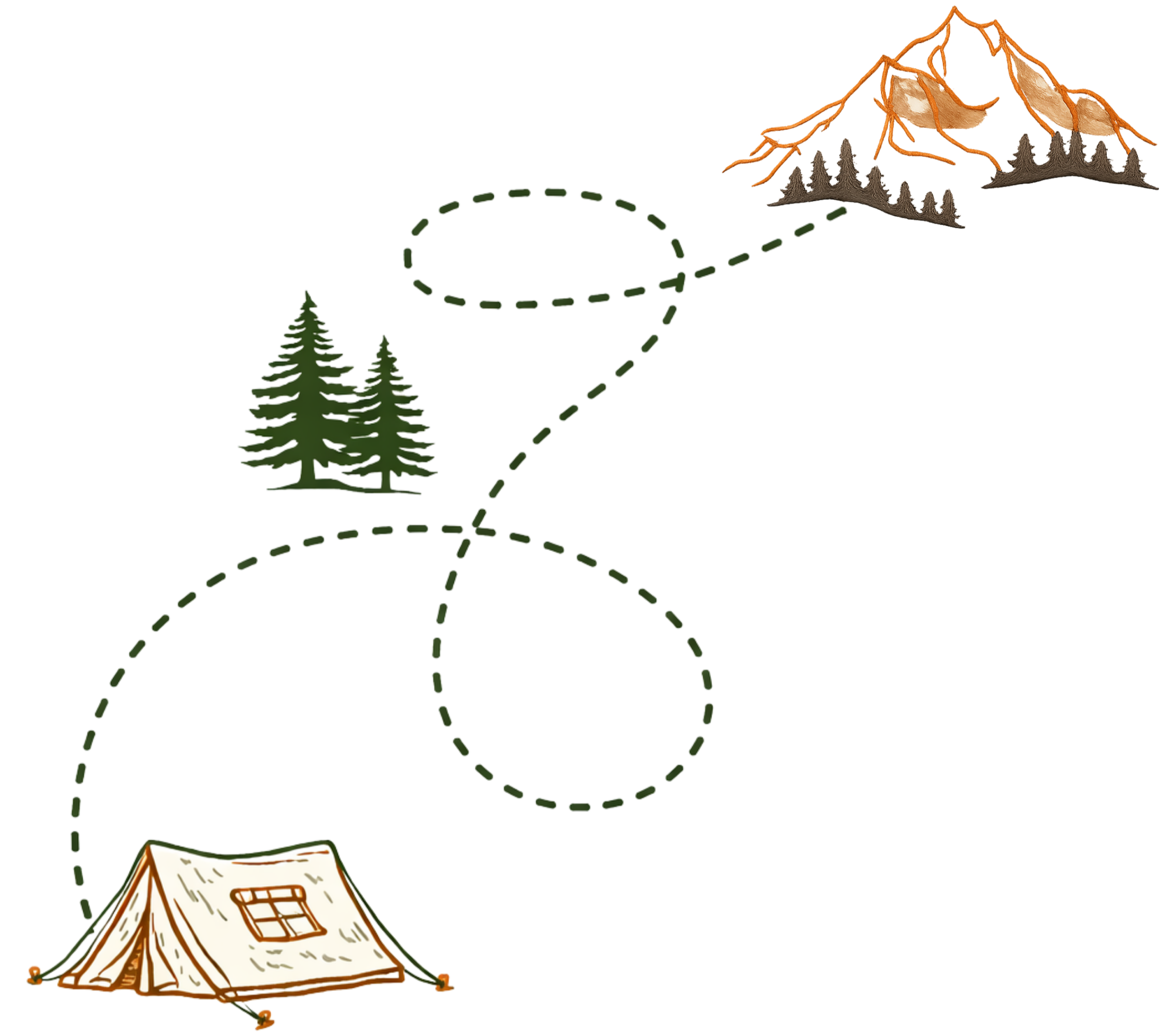 Illustration of a hiking trail map with a tent, pine trees, and mountains, showing different trail routes.