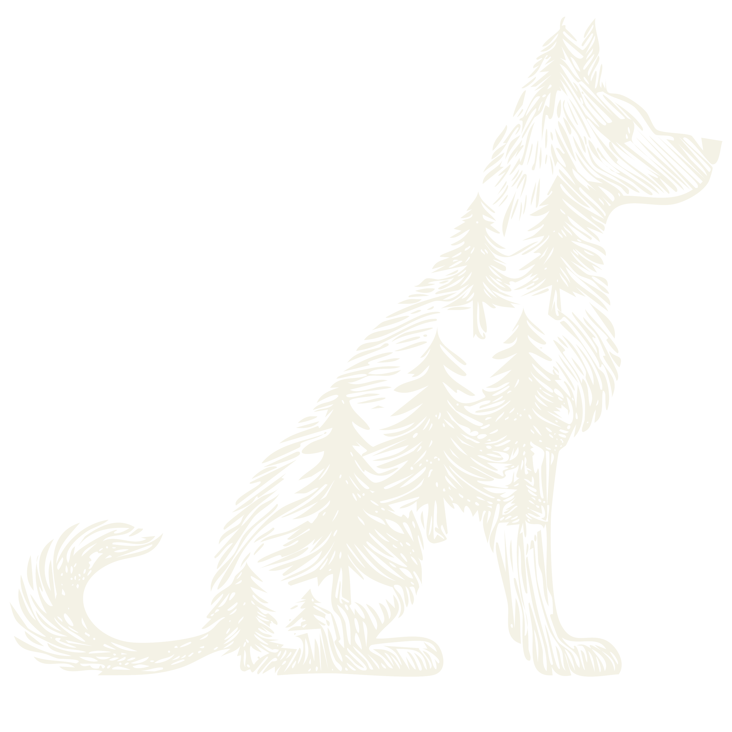 Black and white illustration of a dog composed of tree silhouettes, giving the appearance of a dog made of trees. studio mila graphic desig