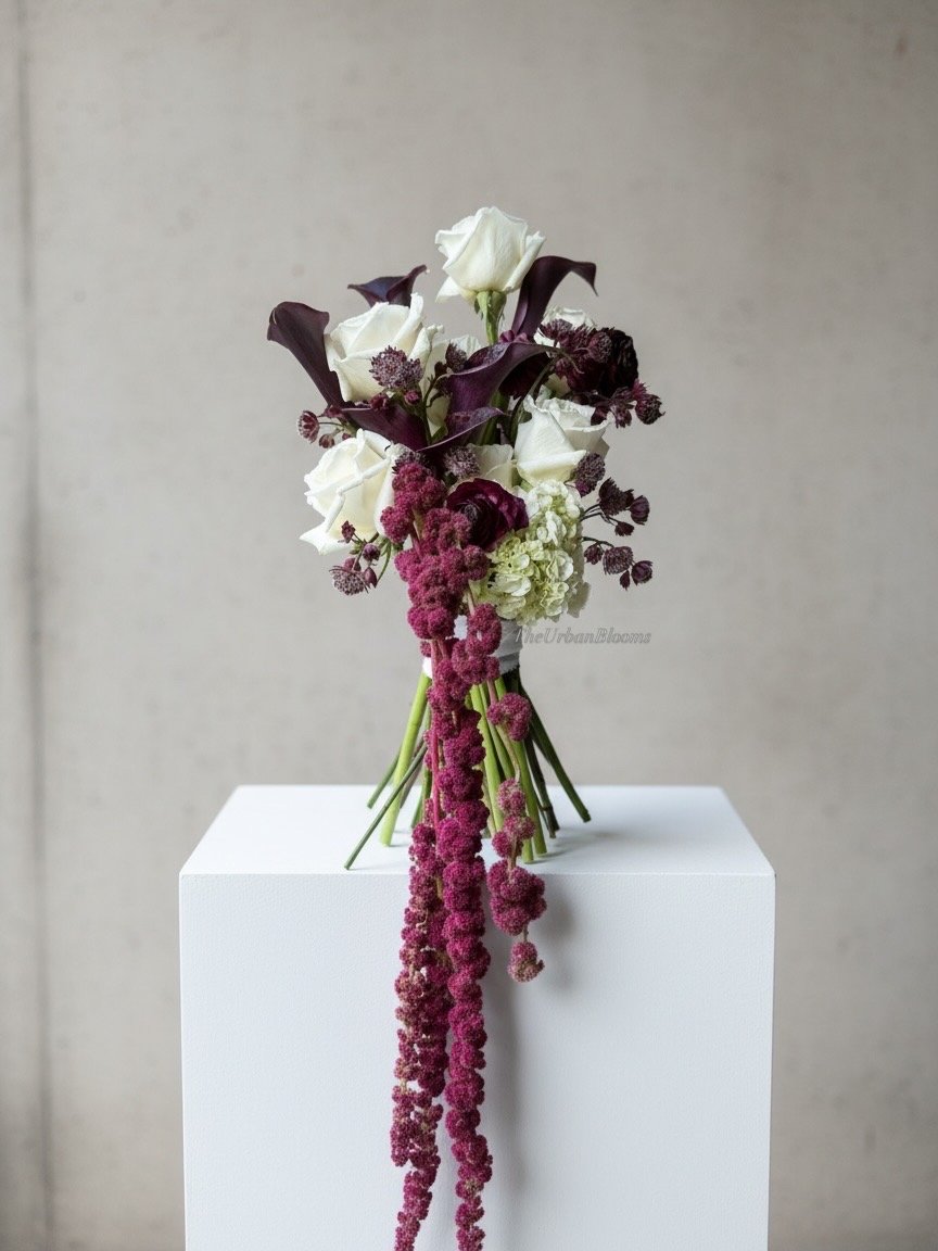 Bridal Bouquet with burgundy calla lilly and amaranthus, ranunculus & roses