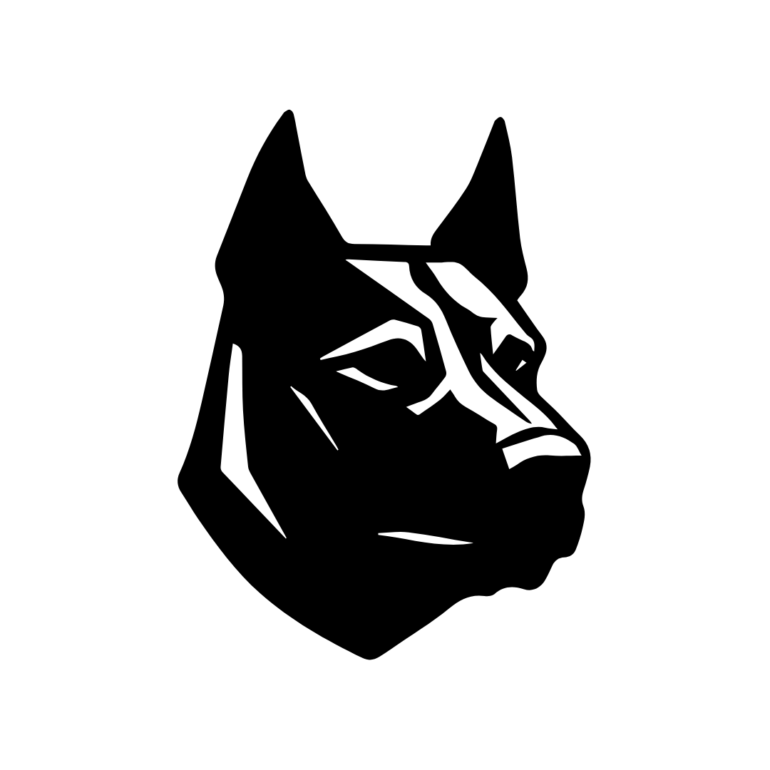 Black and white graphic of a dog's head in a stylized, geometric design.