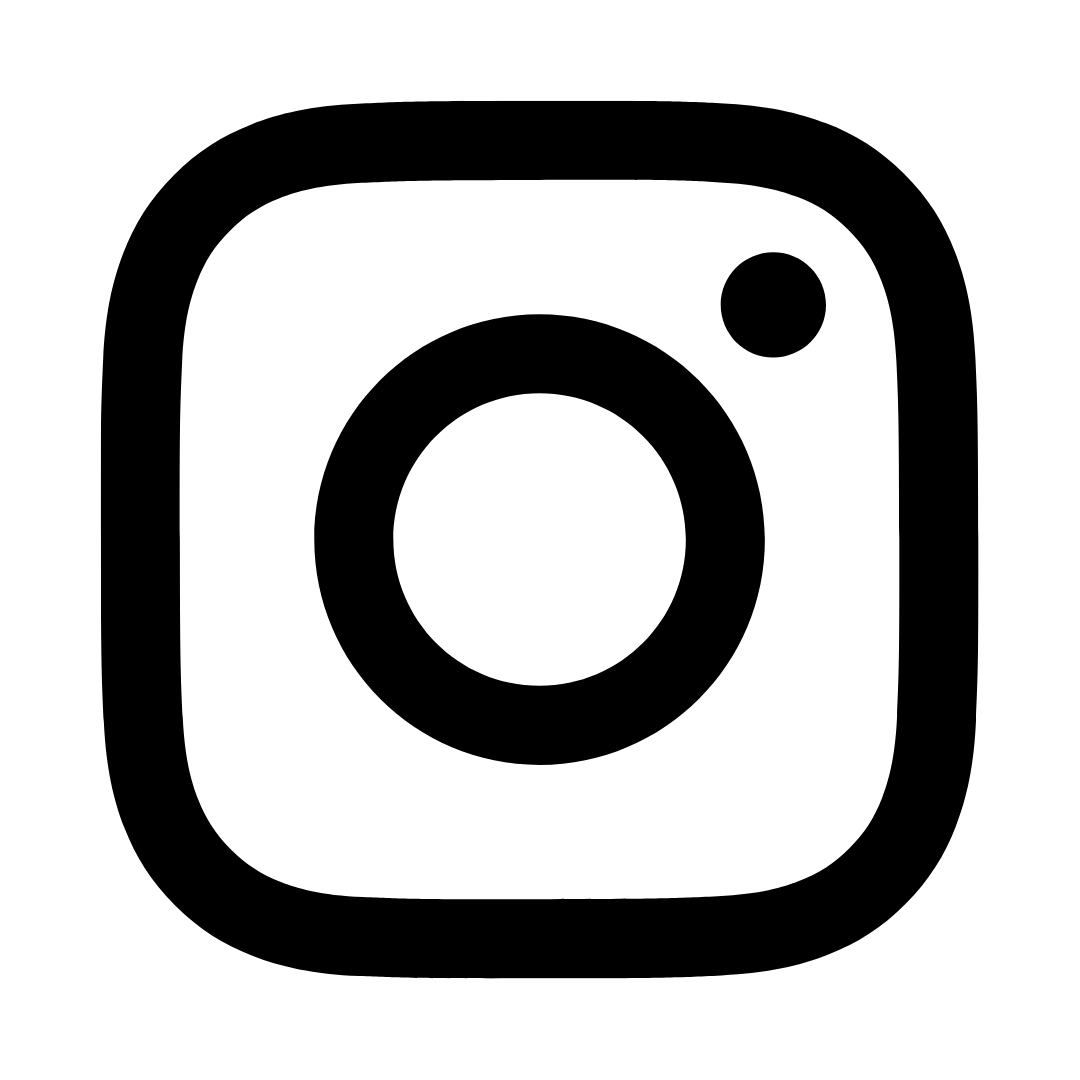 Black and white icon of a camera, resembling the Instagram logo.