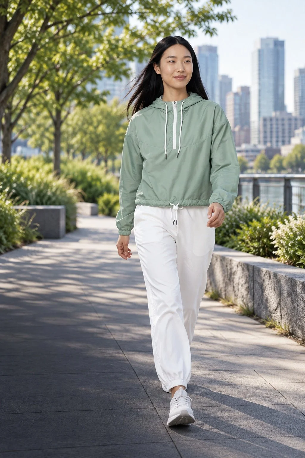 Asian model in a sage Fieldtime windbreaker and white pants in a city park