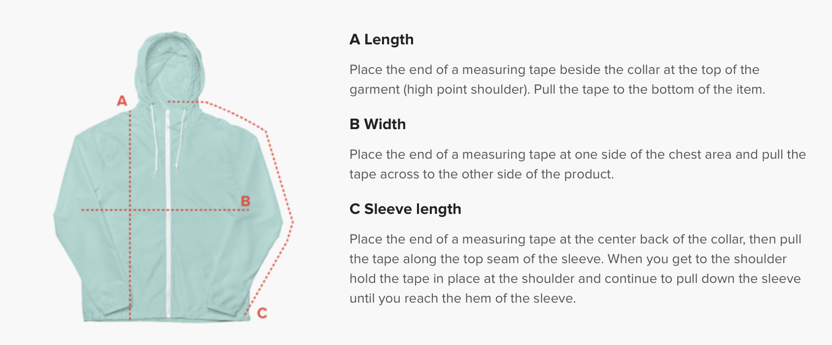 Diagram showing how to measure a jacket for size, with red dotted lines labeled A for length from collar to hem, B for width across chest, and C for sleeve length from center back of collar to end of sleeve.