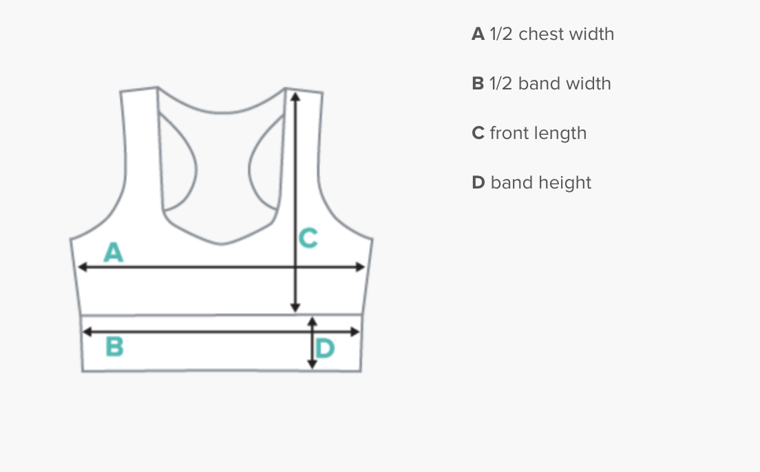 A diagram showing measurement labels for a sports bra, including chest width, band width, front length, and band height.