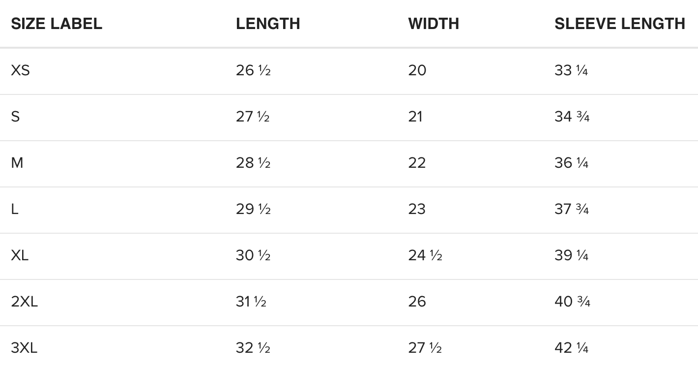 Size chart for clothing with columns labeled Size Label, Length, Width, and Sleeve Length, listing measurements in inches for sizes XS through 3XL.