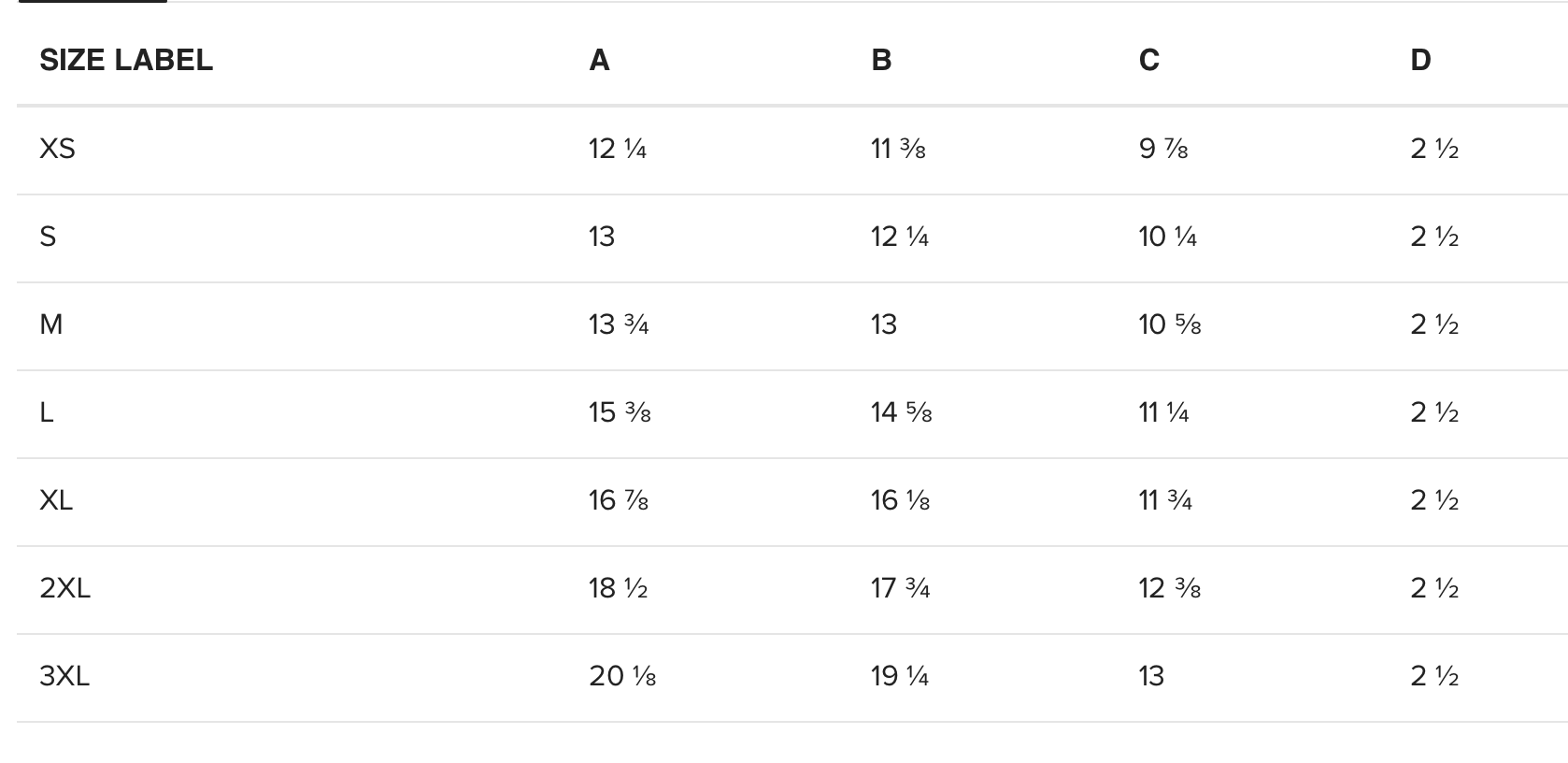 Size chart with borders and column headers for size labels XS to 3XL and measurements in inches for columns A to D.