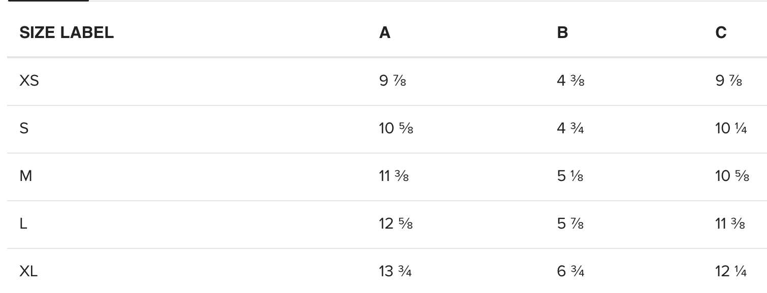 A size chart table with columns labeled XS, S, M, L, XL and measurements in inches under columns A, B, and C.