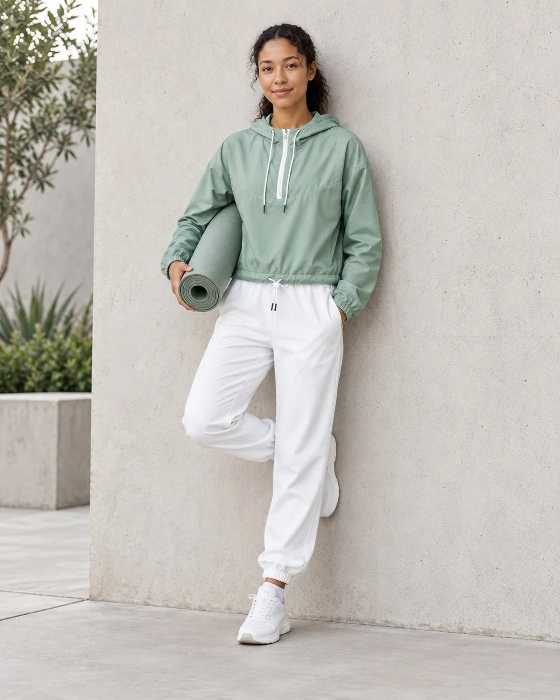 Model wearing a soft sage Fieldtime outfit