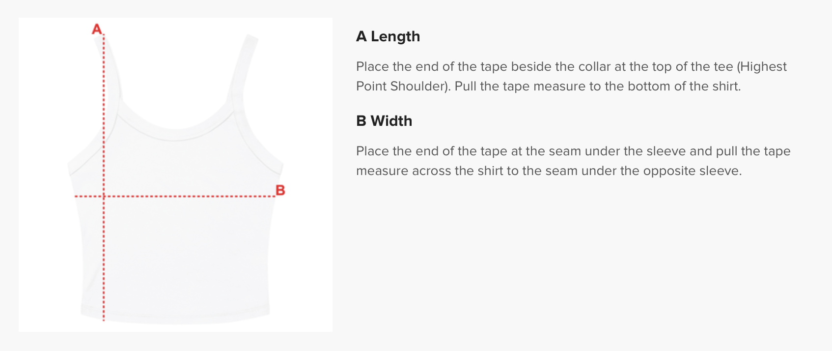 Diagram showing how to measure a tank top's length and width with instructions for placing measuring tape along designated points.