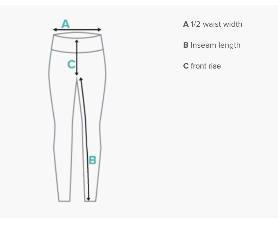 Diagram of pants with labeled measurements: waist width, inseam length, and front rise.