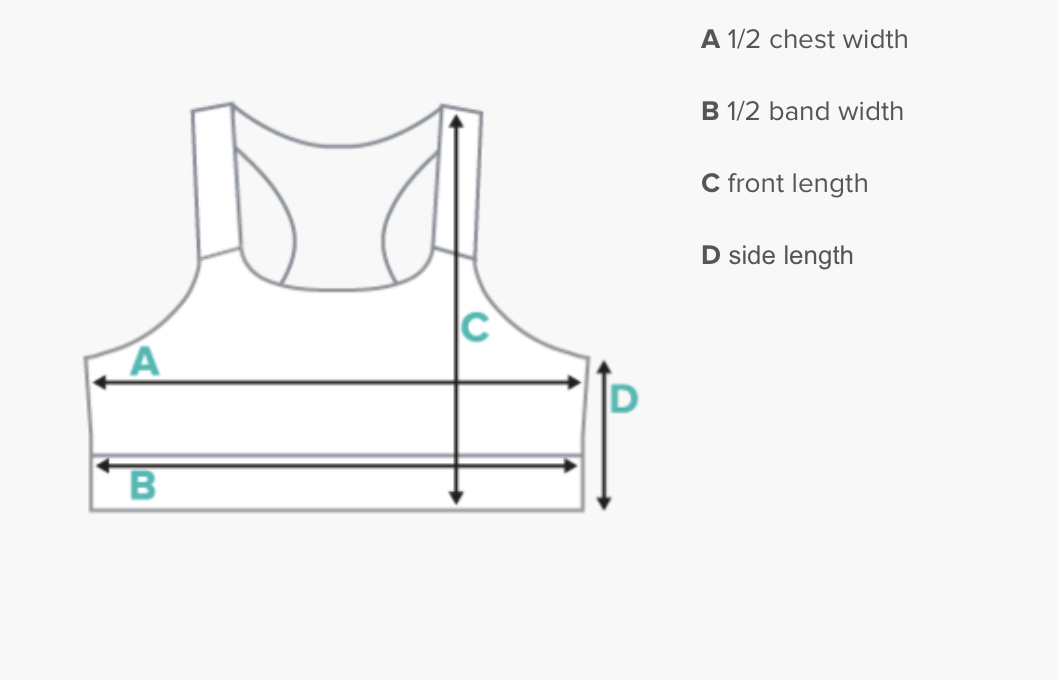 Diagram of a sleeveless top with labeled measurements: A for half chest width, B for half band width, C for front length, and D for side length.