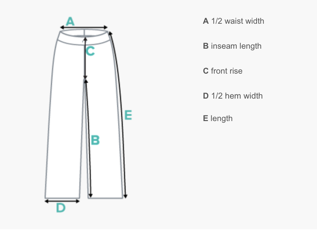 Diagram of a pair of pants with labeled measurements including 1/2 waist width, inseam length, front rise, 1/2 hem width, and total length.