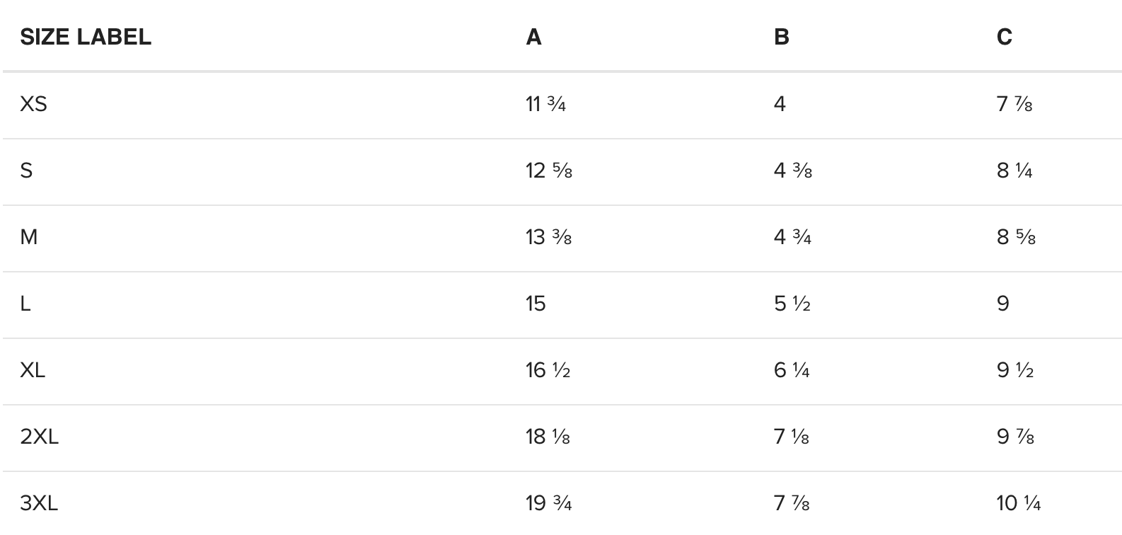 A size chart showing measurements for XS to 3XL, including columns labeled A, B, and C with measurements in inches.