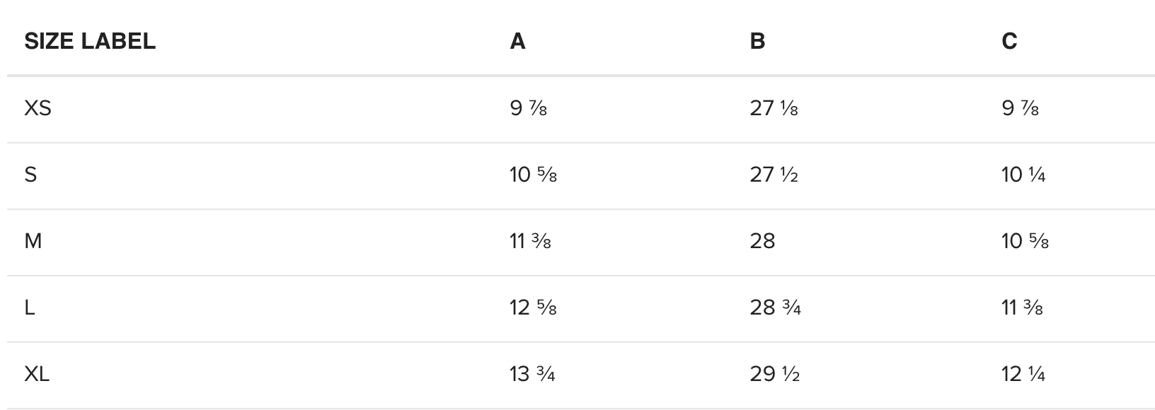 A size chart with measurements for XS, S, M, L, and XL in columns labeled A, B, and C.