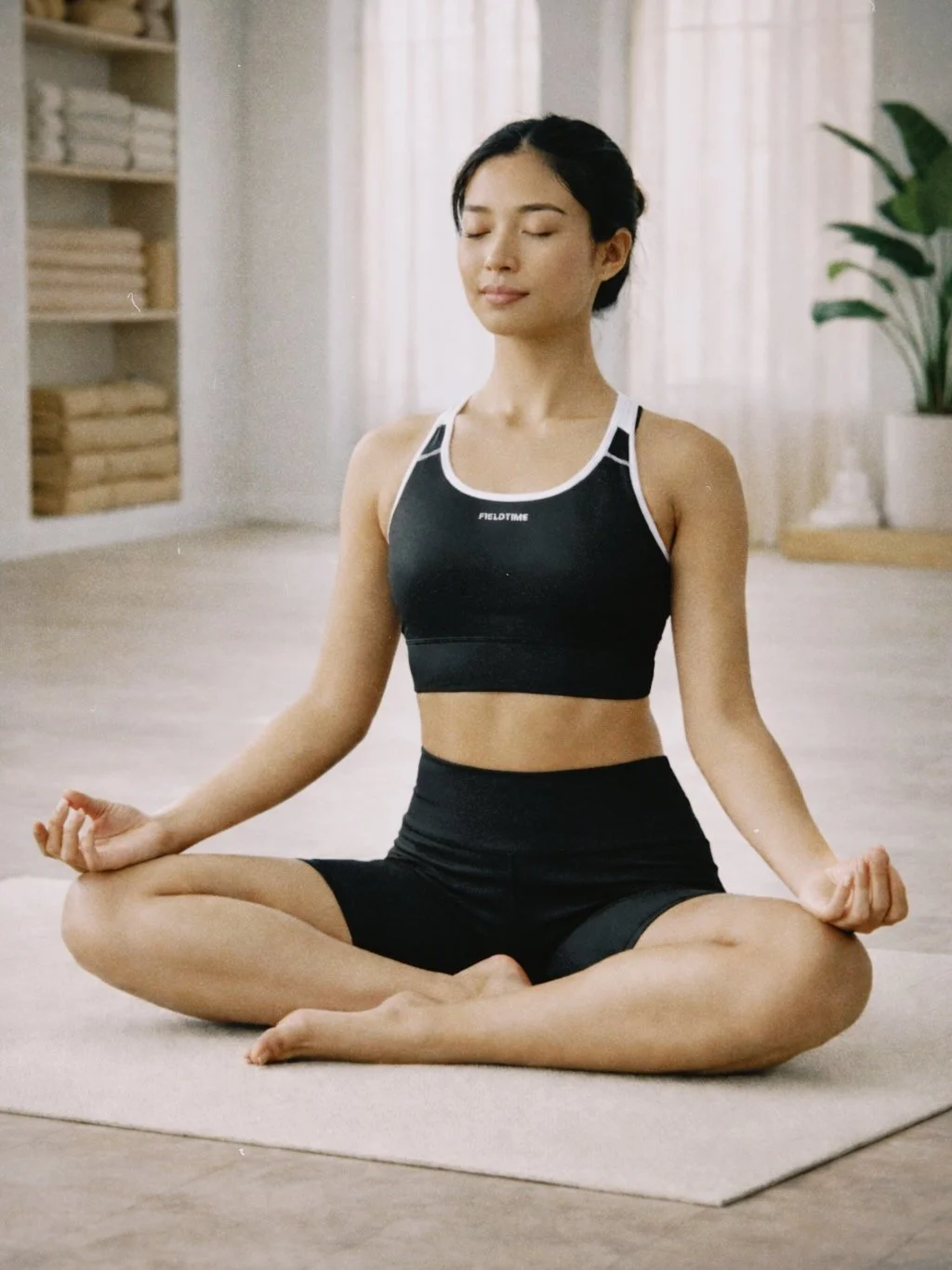 A woman practicing meditation in a yoga pose, sitting cross-legged on a mat with eyes closed, in a softly lit room with a bookshelf and a potted plant in the background.