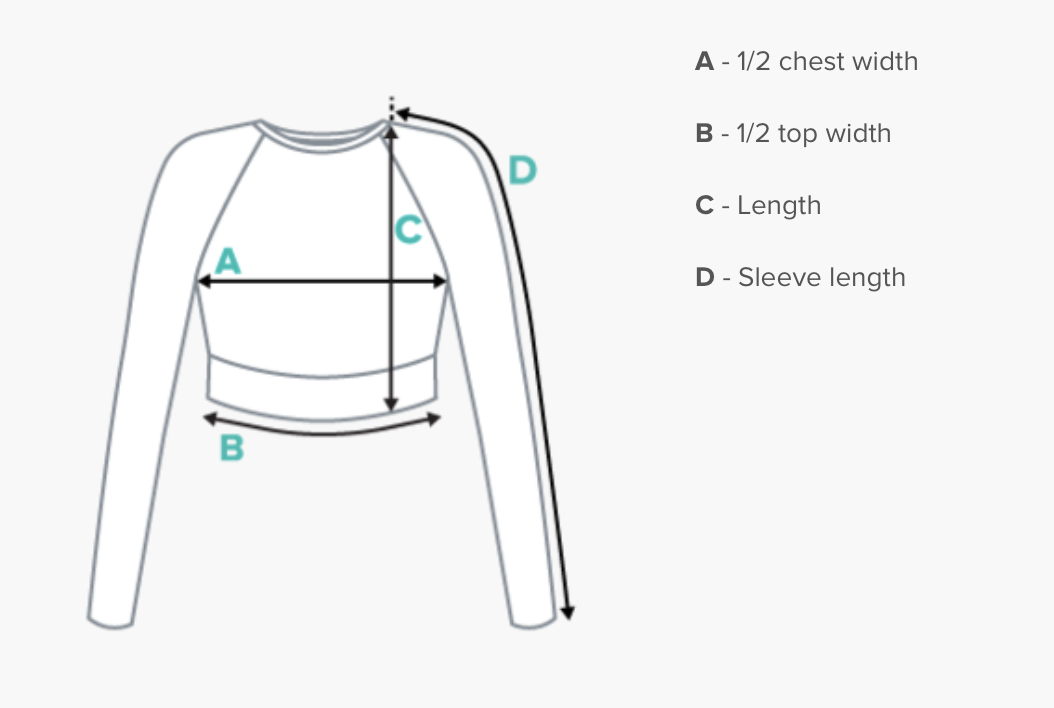 A diagram of a crop top sweater with labeled measurements: A for half chest width, B for half top width, C for length, D for sleeve length.