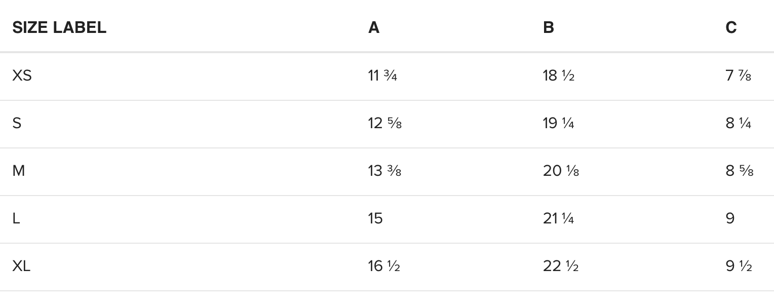A size chart table with columns labeled A, B, and C and rows for sizes XS, S, M, L, and XL, displaying measurements in inches.