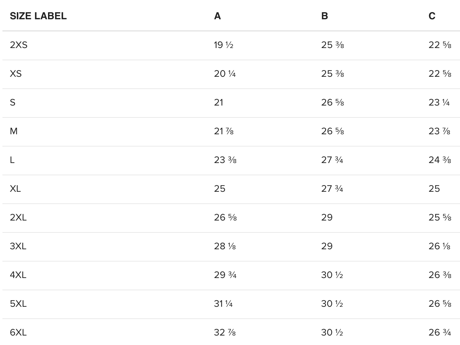 A size chart for clothing, with measurements in inches for sizes 2XS through 6XL, organized in columns labeled A, B, and C, showing different measurements for each size.