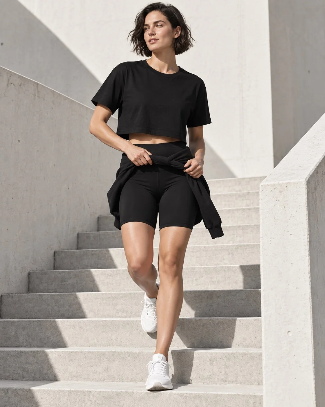 Model wearing a black Fieldtime crop tee and black cycling shorts