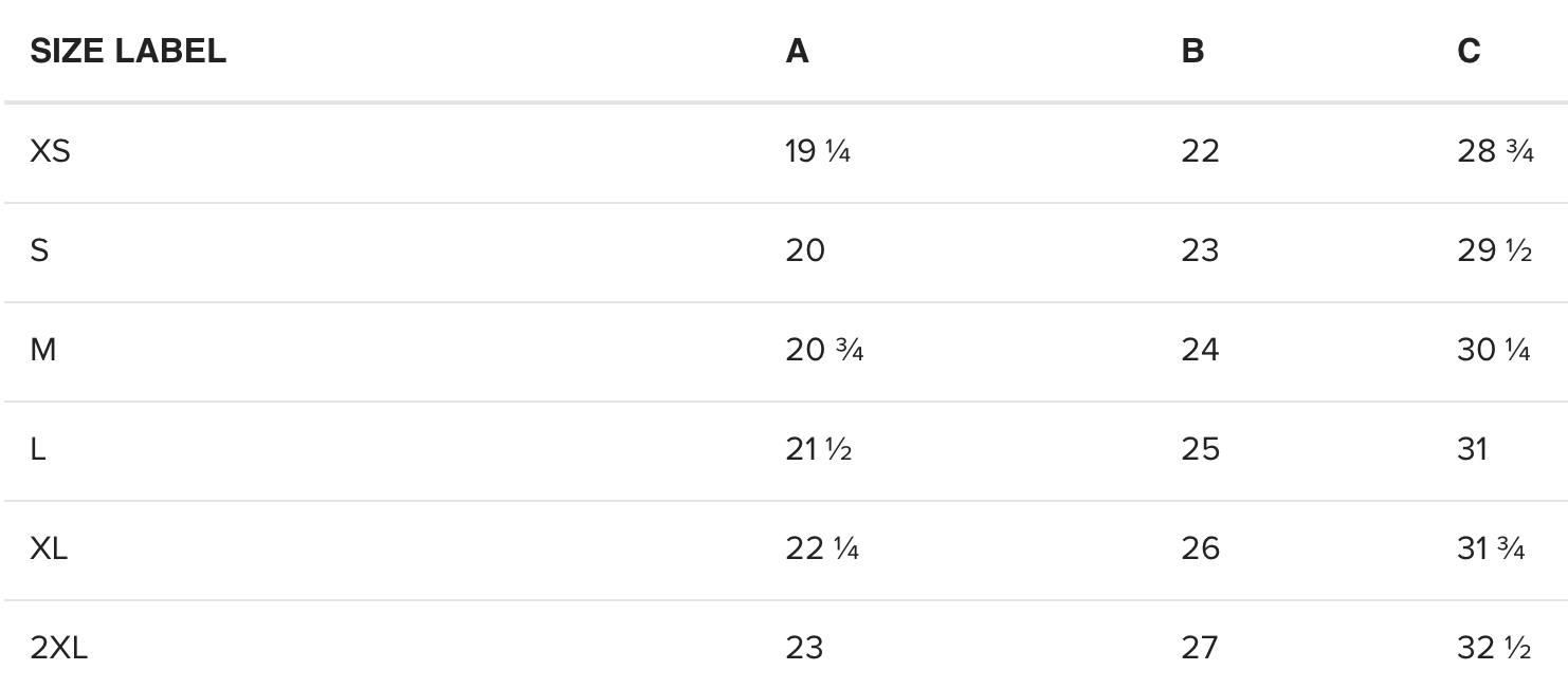 A size chart for clothing, listing sizes XS through 2XL with corresponding measurements in inches for columns A, B, and C.