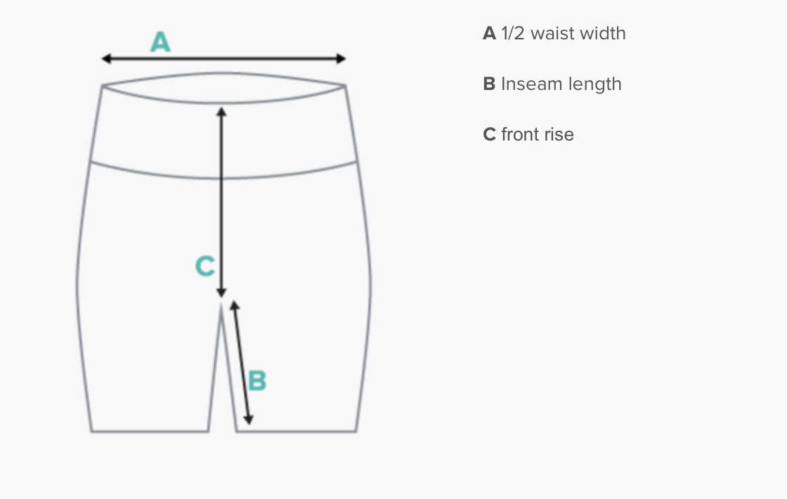 Diagram of a pair of shorts showing measurements for waist width, inseam length, and front rise, with labeled arrows pointing to each measurement.