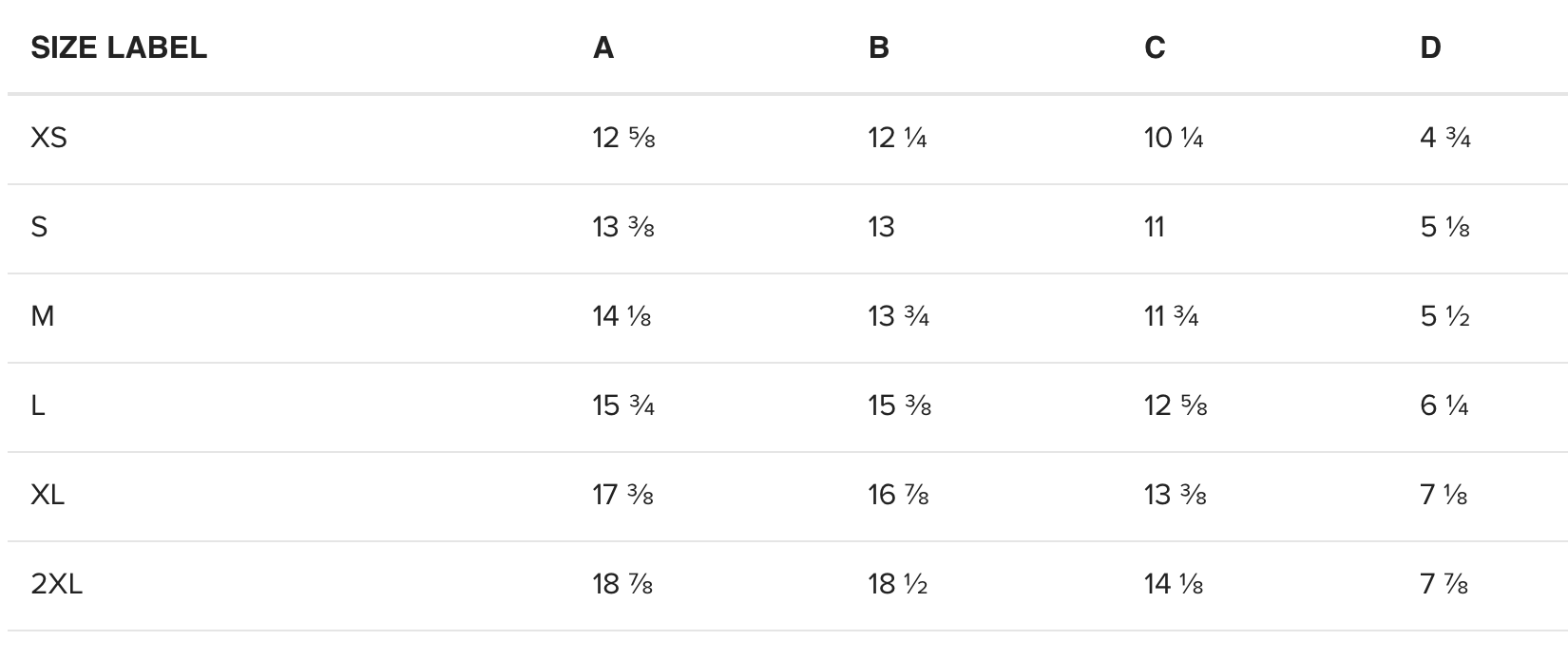 Size chart displaying measurements for sizes XS through 2XL with columns labeled A, B, C, and D showing various inches.
