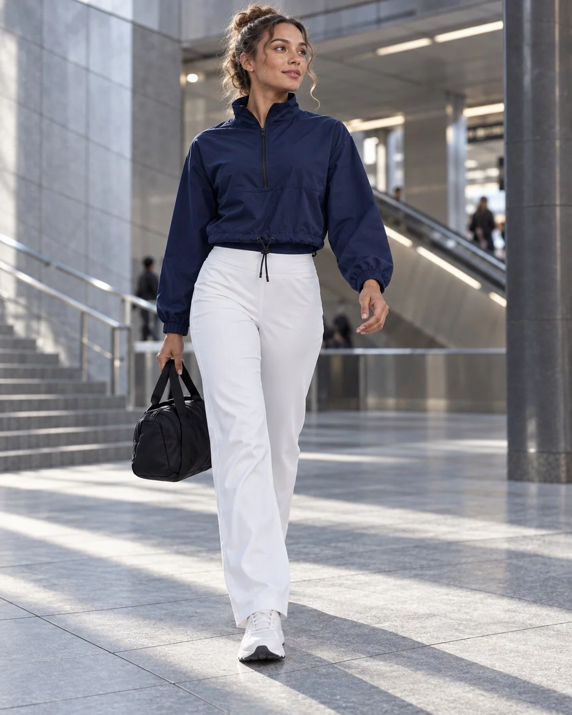 Model wearing the deep navy Fieldtime cropped windbreaker with white pants