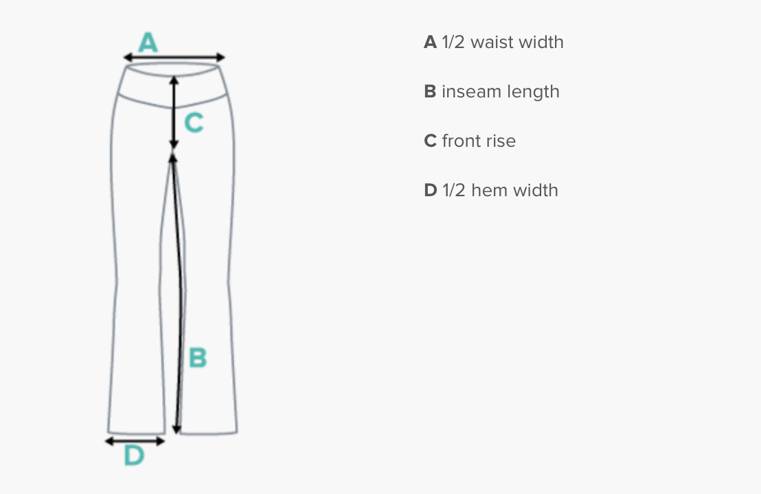 Diagram of pants with labeled measurements: waist width, inseam length, front rise, and hem width.