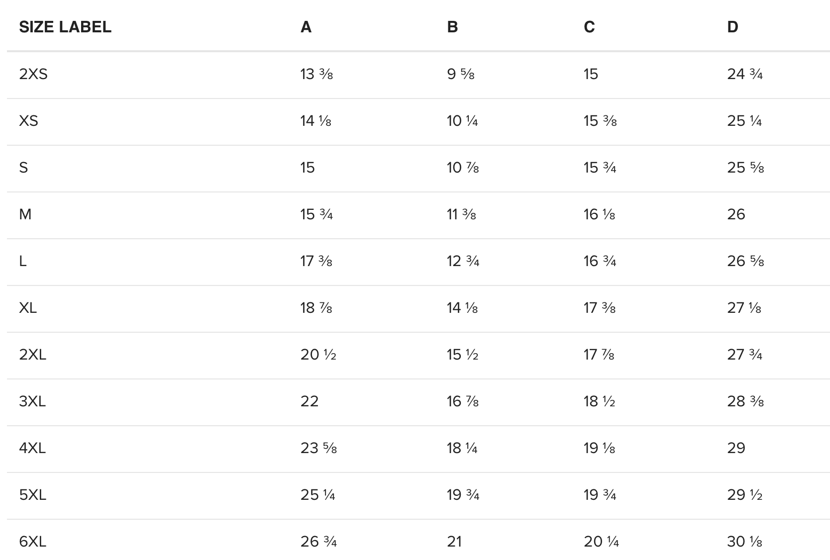 Size chart with columns labeled A, B, C, D and rows for different clothing sizes from 2XS to 6XL, showing measurements in inches.