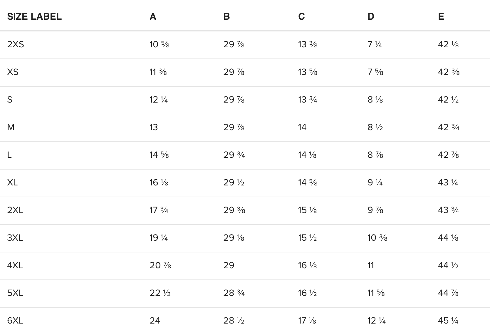 Size chart displaying sizes from 2XS to 6XL with measurements in inches for columns labeled A through E.