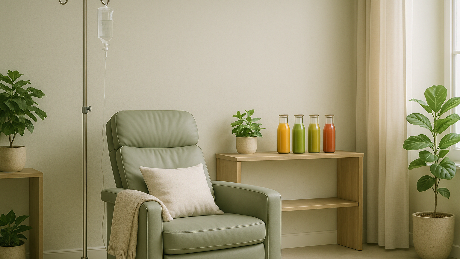 A cozy room with a green recliner chair, a pillow, a blanket, a small bookshelf with a potted plant and colorful bottles, and large plants in the room, with sunlight coming through the window.