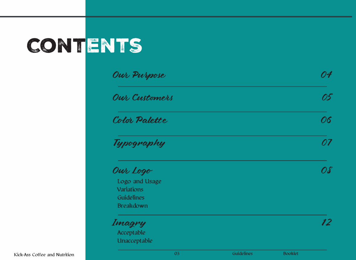 Table of contents page from Kick-Ass Coffee and Nutrition booklet, listing sections such as Our Purpose, Our Customers, Color Palette, Typography, Our Logo, and Imagery, with page numbers.