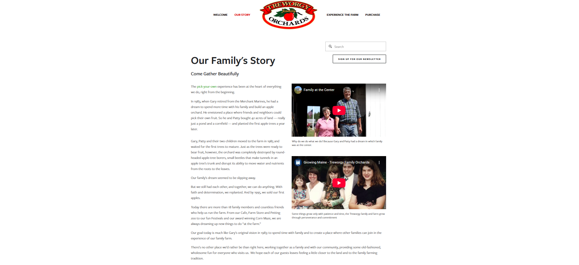 Screenshot of the 'Our Family's Story' page from TreWorgy Family Orchards website, featuring two embedded YouTube videos and text describing the orchard's history and family journey.