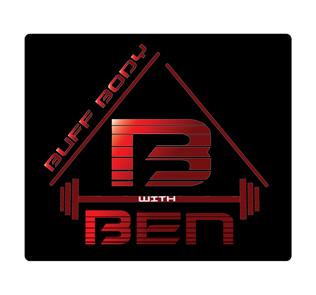 A logo for a fitness or gym brand called 'Built by Bent' with the tagline 'Buff Built with Bent.' The logo features stylized red and black text with a barbell, and a geometric house outline.
