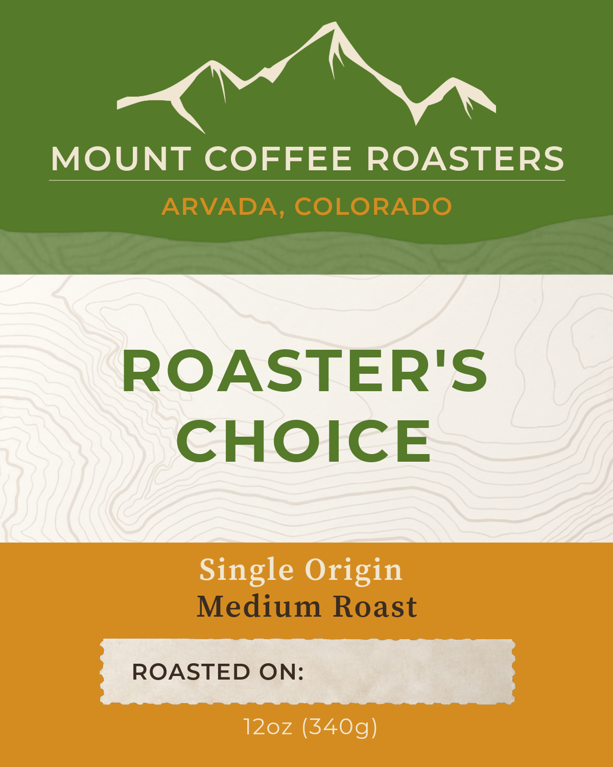 Coffee roast label from Mount Coffee Roasters in Arvada, Colorado. The label features a mountain graphic at the top, the company's name, and details about the coffee's origin, roast level, and weight.