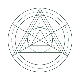 A geometric design featuring a large triangle with lines and circles inside, creating intricate symmetrical patterns on a black background.