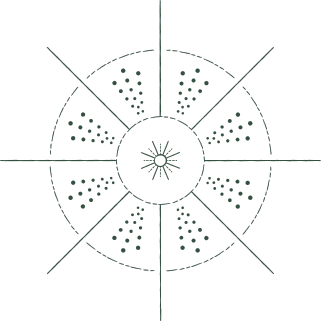 A digital compass with a circular design, dotted pattern, and directional lines on a black background.
