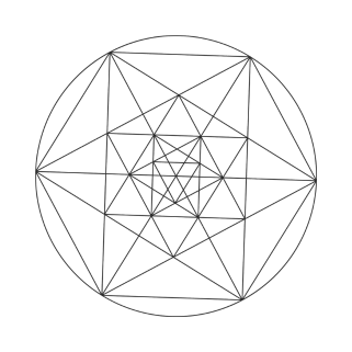 Geometric design with interconnected lines and triangles inside a circle.