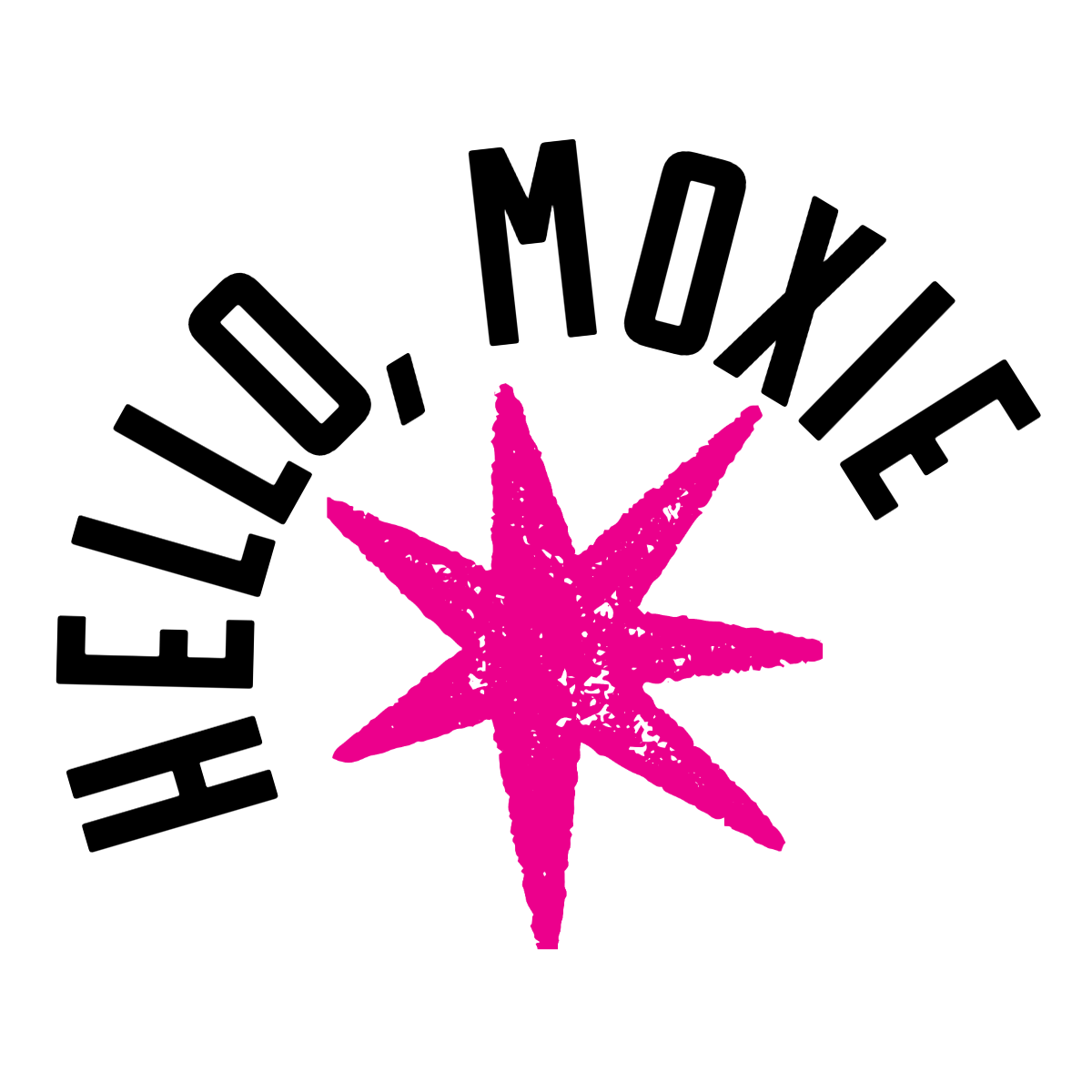 Logo featuring a pink starburst and the text 'Hello, Moxie' in black around the starburst.