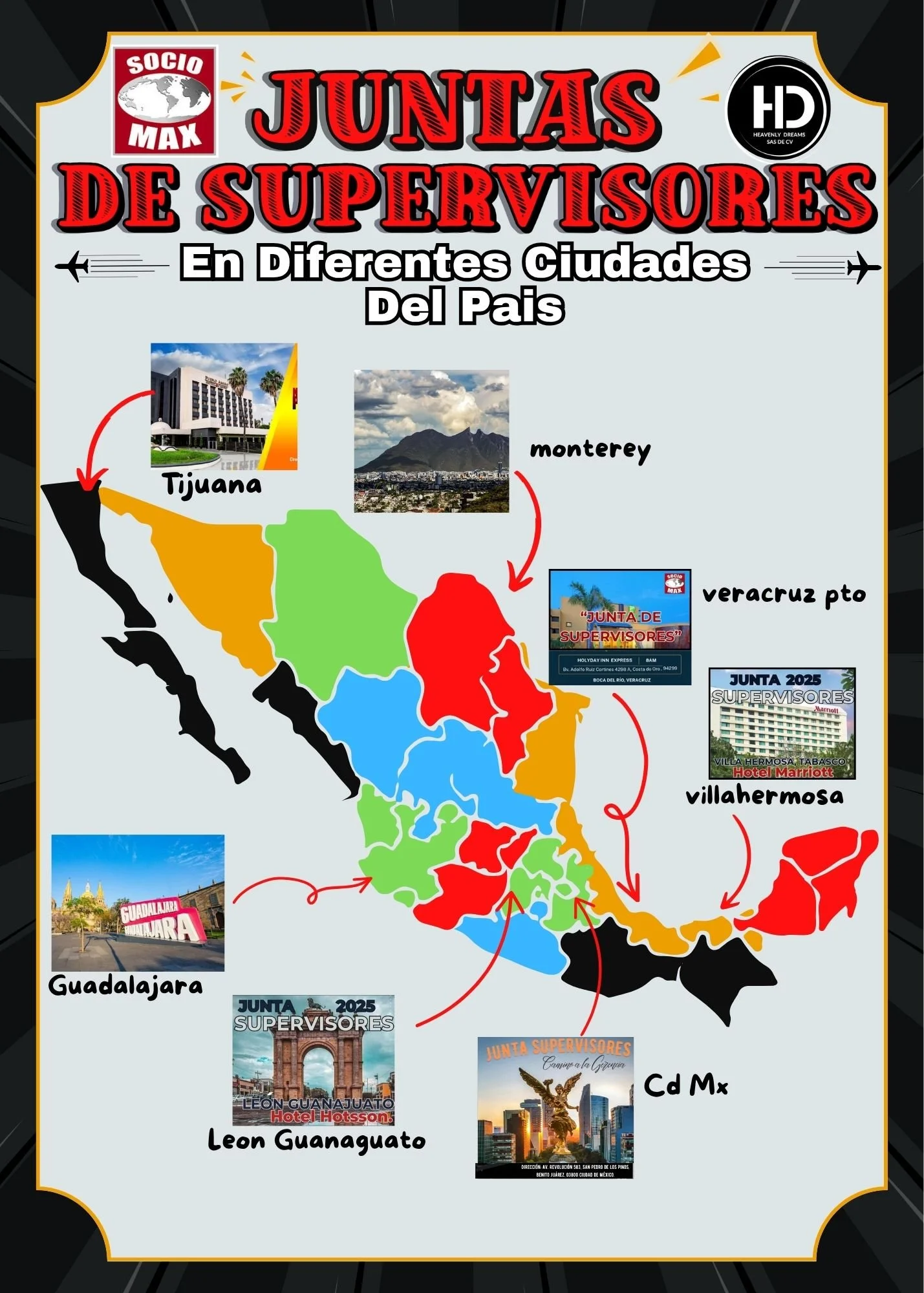 Mapa de México con diferentes estados y fotos de ciudades en ellas, incluyendo Tijuana en el noroeste, Monterrey en el noreste, Veracruz en la costa oriental, Guadalajara en el oeste, León Guanajuato en el centro, Villahermosa en el sureste y CDMX en el centro-sur. Con etiquetas de supervisores y logotipos en algunas áreas, y flechas que indican cada ciudad con nombres escritos en español.