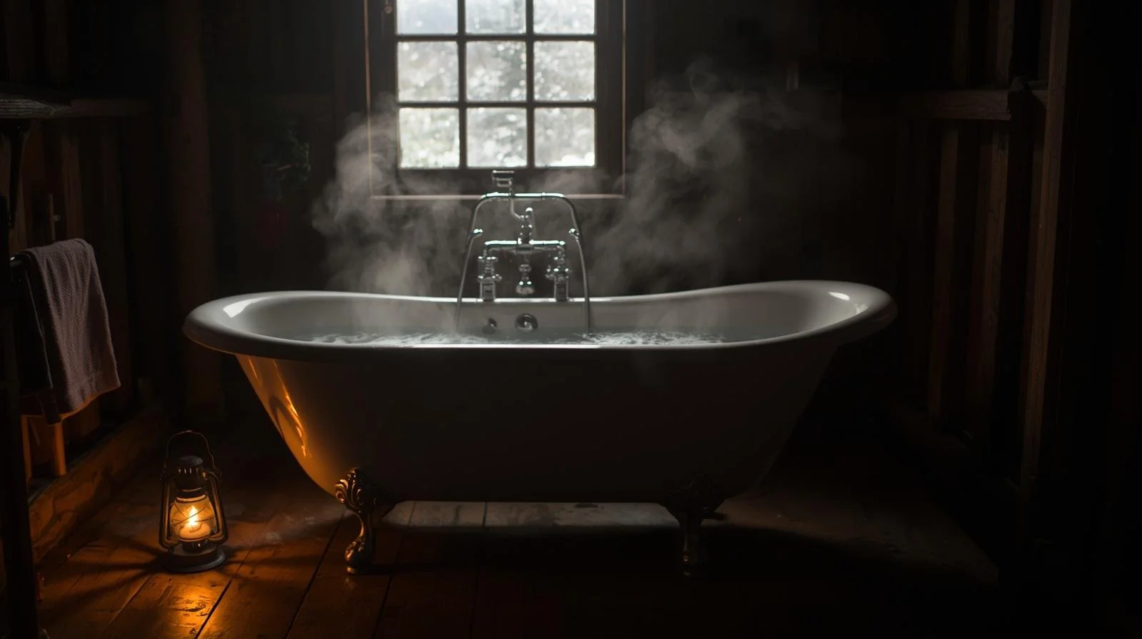 Vintage clawfoot bathtub filled with steaming water in a rustic wooden bathroom, illuminated by a lantern on the floor and light coming through a window.