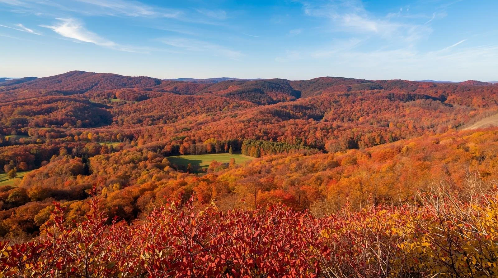 A scenic view of rolling hills and mountains covered with colorful autumn foliage, with bright blue sky and wispy clouds above.